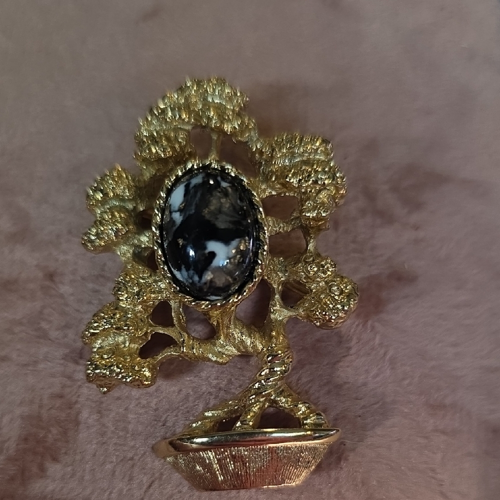Vintage Amway Bonzai Tree Brooch with Black, Gold And White Stone